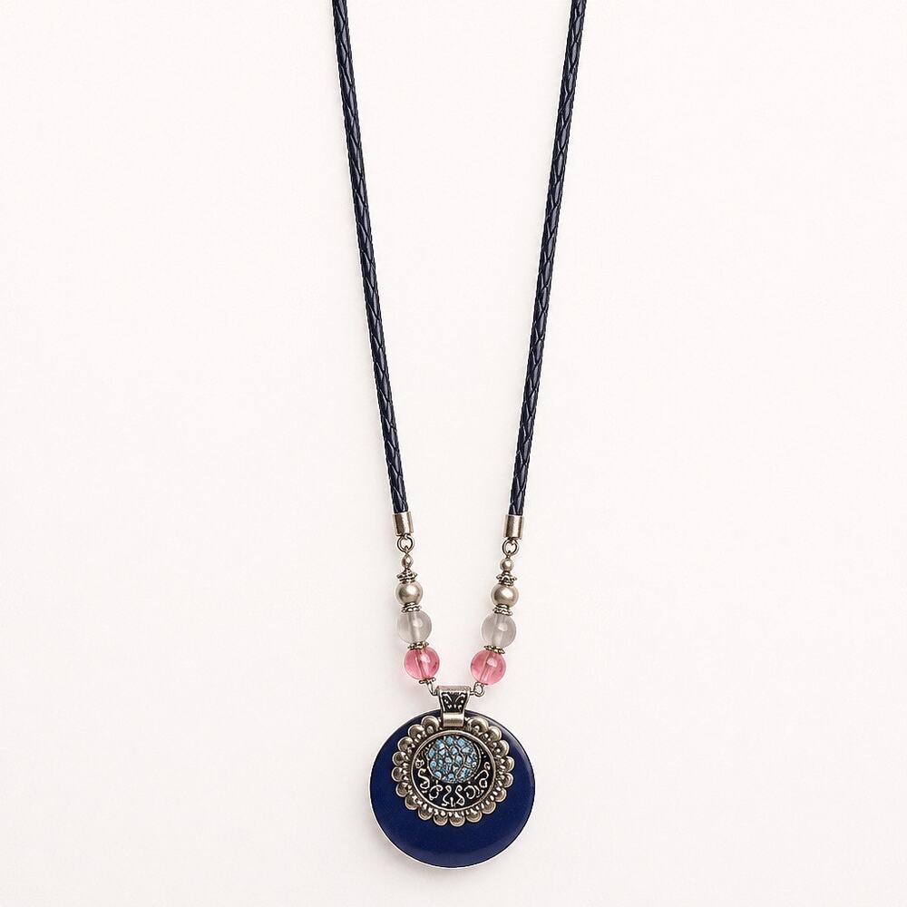 Boho Cobalt Blue Resin Donut Filigree Pendant Cord Necklace.